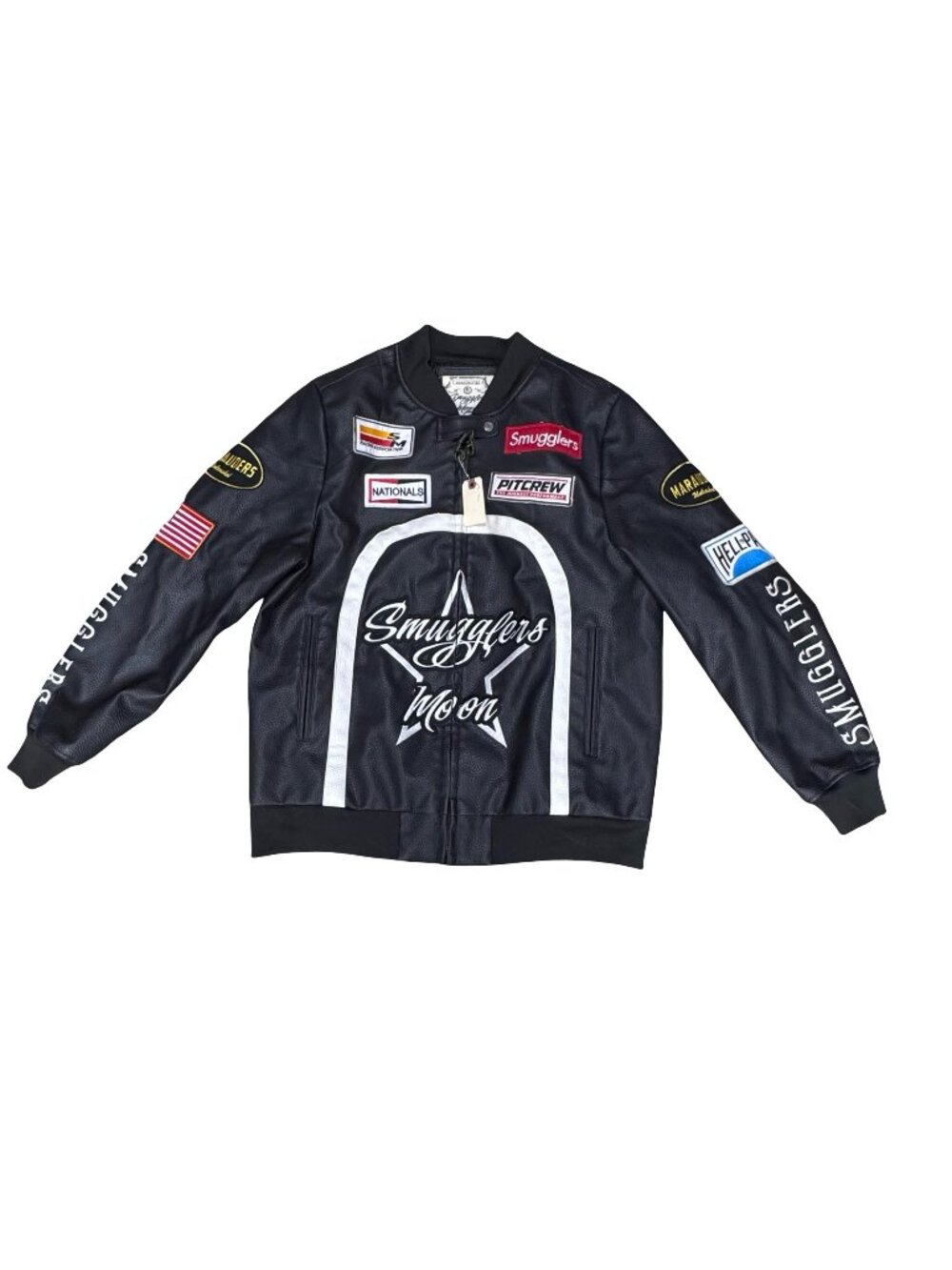Smugglers Moon Racing Jacket 2XL Black XXL Patches Zip-Up Distillery Leather
